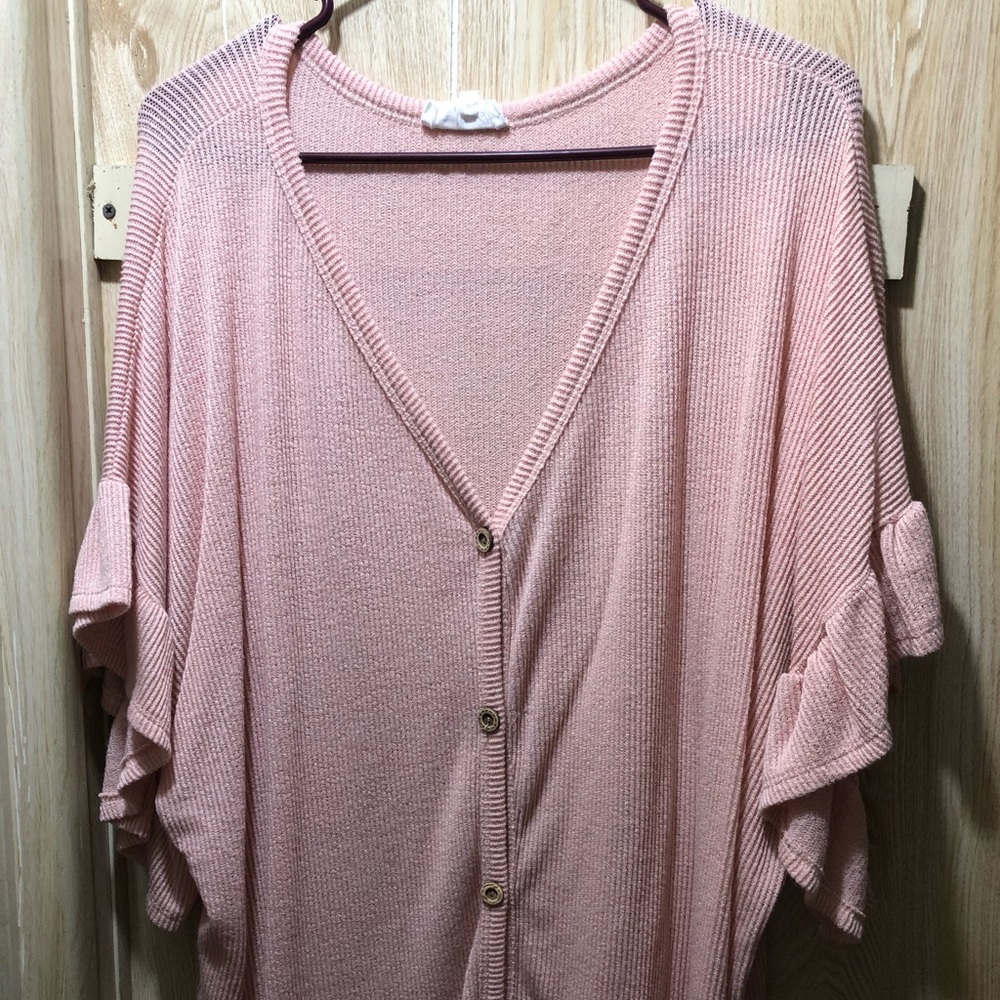 Pink short sleeve button front sweater